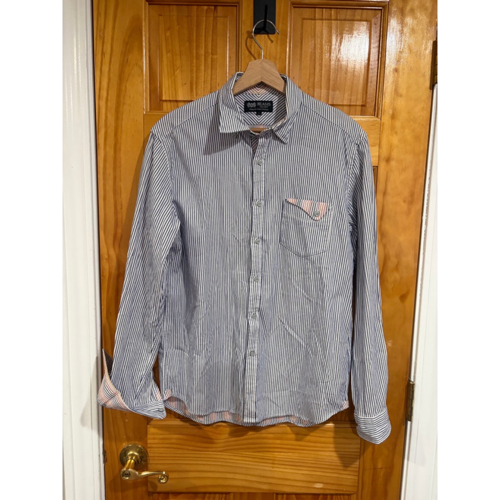 BEAMS HEART Japan Striped Button Front Shirt Multicolor Trim Cotton Japan Made